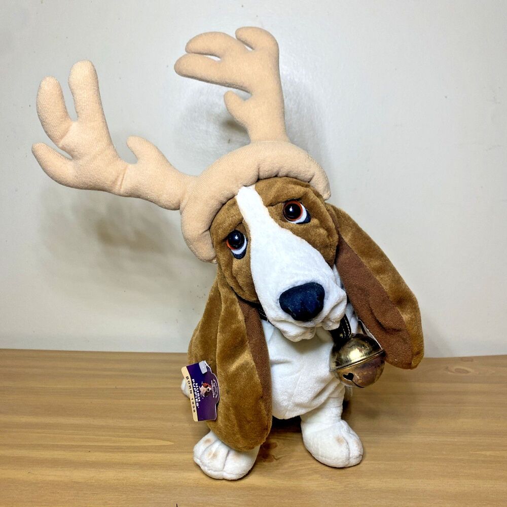 Applause Hush Puppies Holiday Basset Hound Dog Antlers  Bell 14" Plush